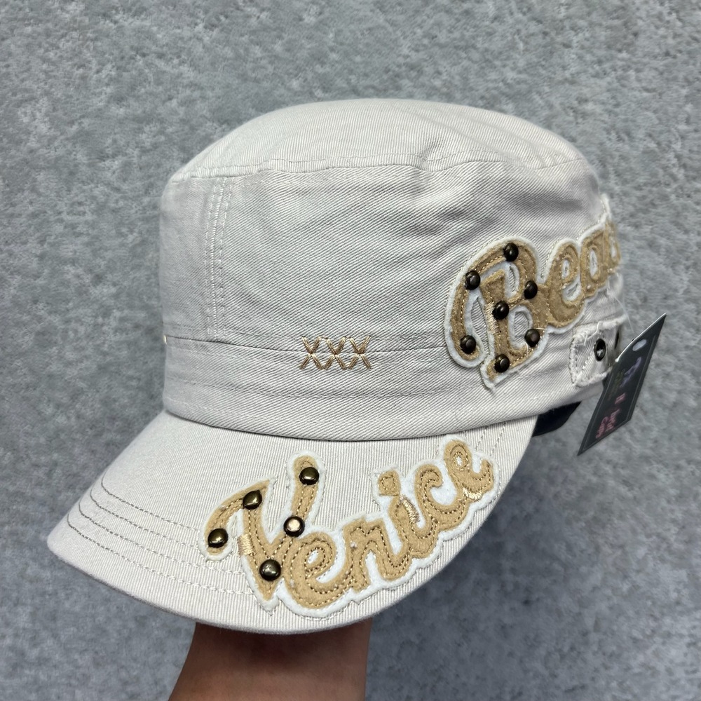 Hybrid Caps Military Cadet Hat OSFA Cream Tan Studded Venice Beach NWT Grunge